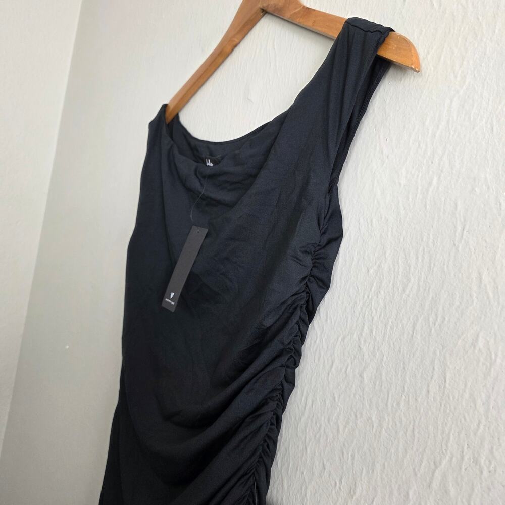 NEW Lulus Incredibly Posh Black Ruched Asymmetrical Midi Dress - Picture 7 of 13